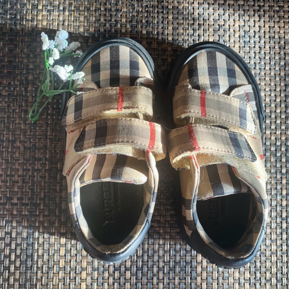 Burberry- Check and Leather Sneakers Kids Plaid Velcro Shoes